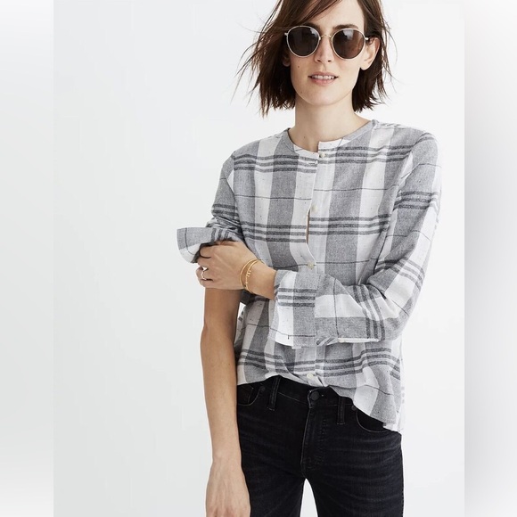 Madewell Plaid Collarless Button Down Shirt - Picture 1 of 4